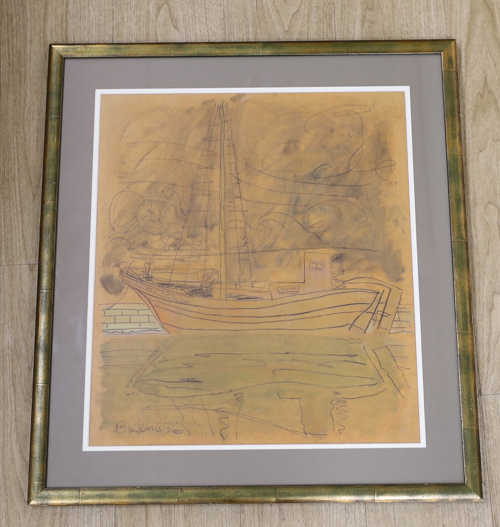 Leonard Baskin (1922-2000), charcoal and wash, Fishing boat in harbour, signed and numbered 636, 55 x 48cm